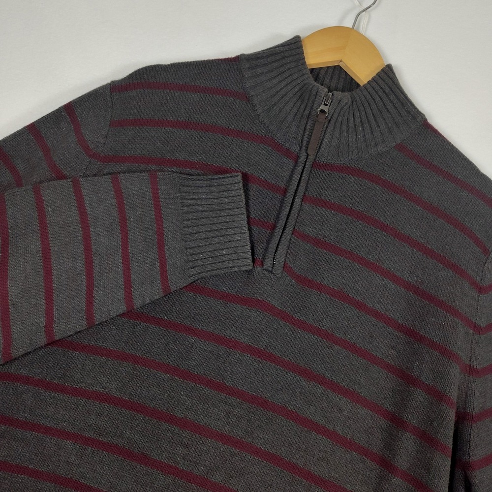 Prince & Fox Mens XL Quarter Zip Sweater Gray Burgundy Striped Cotton Blend Knit